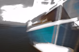 Digitale Fotografie, verfremdet, Fischerboot mit türkisblauem Rumpf vor dramatischem Wolkenhimmel, Hiddensee, Ostsee